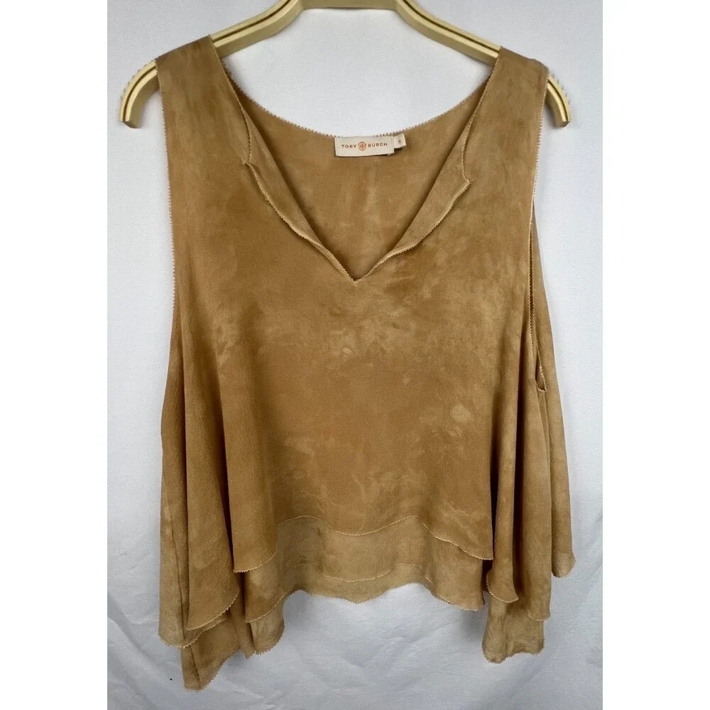 TORY BURCH 100% Silk Sleeveless Blouse Top Size 12 Tan Layered Flowy V-Neck